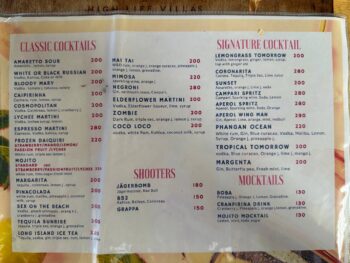 Tomorrow X restaurant menu on Koh Phangan, featuring a variety of dishes.