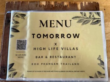 Tomorrow X restaurant menu on Koh Phangan, featuring a variety of dishes.