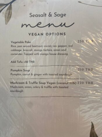 Menu of Seasalt and Sage - Bantai vegan restaurant on Koh Phangan.