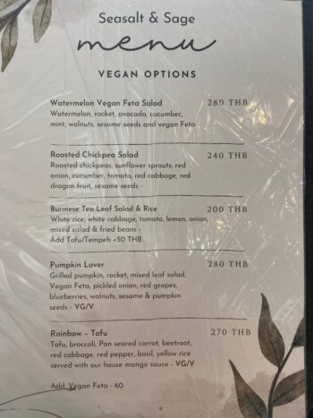 Menu of Seasalt and Sage - Bantai vegan restaurant on Koh Phangan.