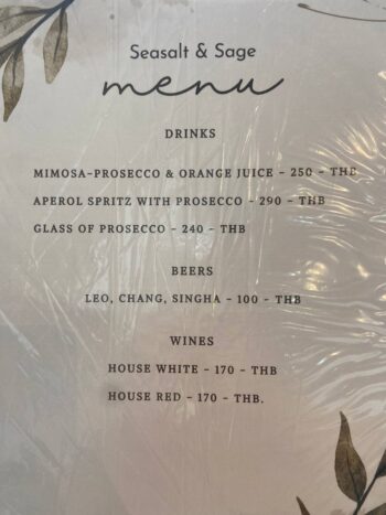 Menu of Seasalt and Sage - Bantai vegan restaurant on Koh Phangan.