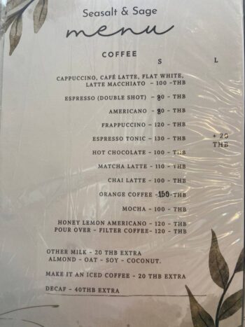 Menu of Seasalt and Sage - Bantai vegan restaurant on Koh Phangan.