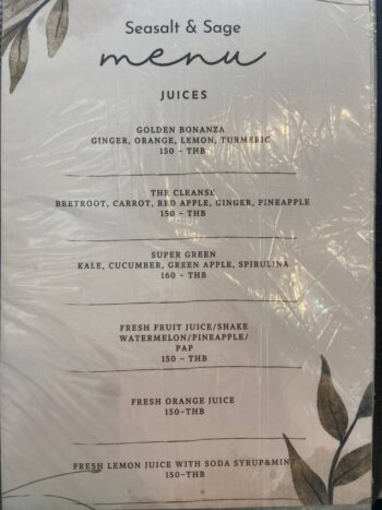 Menu of Seasalt and Sage - Bantai vegan restaurant on Koh Phangan.