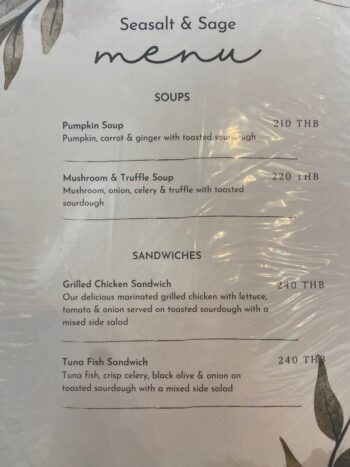 Menu of Seasalt and Sage - Bantai vegan restaurant on Koh Phangan.