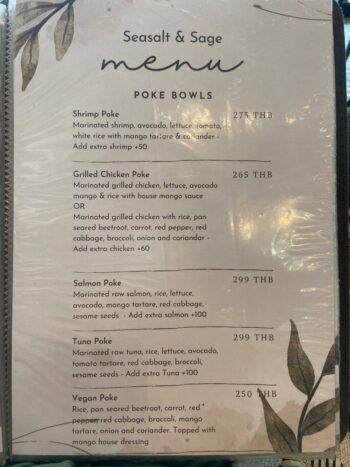 Menu of Seasalt and Sage - Bantai vegan restaurant on Koh Phangan.