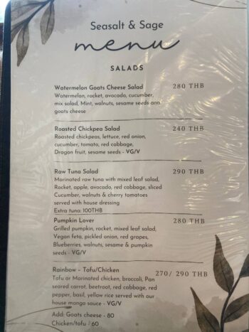 Menu of Seasalt and Sage - Bantai vegan restaurant on Koh Phangan.