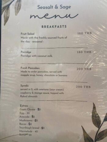 Menu of Seasalt and Sage - Bantai vegan restaurant on Koh Phangan.