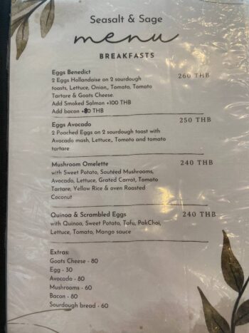 Menu of Seasalt and Sage - Bantai vegan restaurant on Koh Phangan.