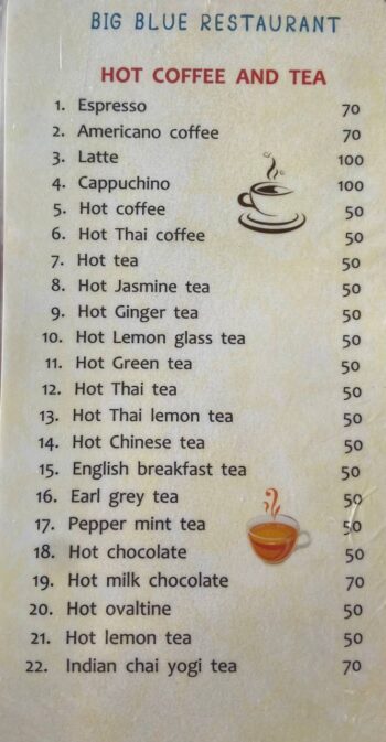 Menu of Big Blue Restaurant at Haad Yuan Beach, Koh Phangan