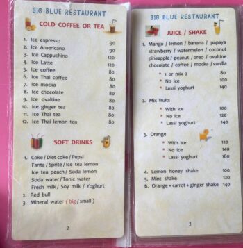 Menu of Big Blue Restaurant at Haad Yuan Beach, Koh Phangan