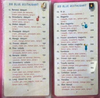Menu of Big Blue Restaurant at Haad Yuan Beach, Koh Phangan