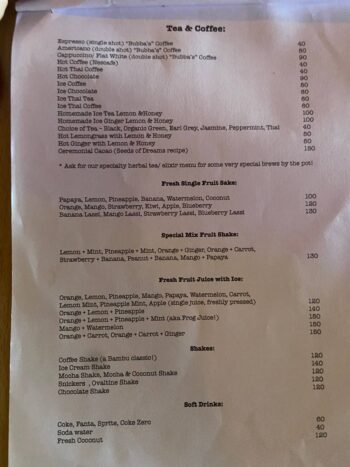 Menu of BamBoo Hut's – Jungle Lounge on Koh Phangan