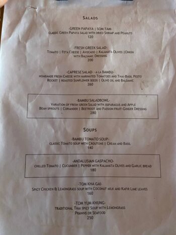 Menu of BamBoo Hut's – Jungle Lounge on Koh Phangan
