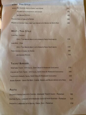 Menu of BamBoo Hut's – Jungle Lounge on Koh Phangan