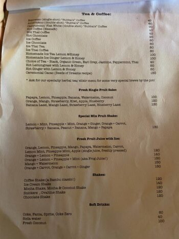 Menu of BamBoo Hut's – Jungle Lounge on Koh Phangan
