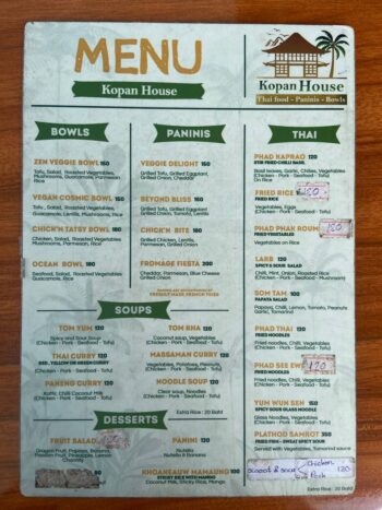Menu of Home Kopan House on Koh Phangan