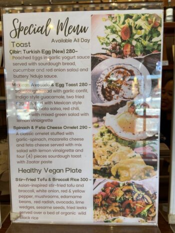 Menu at Indigo Cafe & Eatery on Koh Phangan – breakfast, pasta, pastries, and vegan desserts