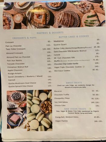 Menu at Indigo Cafe & Eatery on Koh Phangan – breakfast, pasta, pastries, and vegan desserts