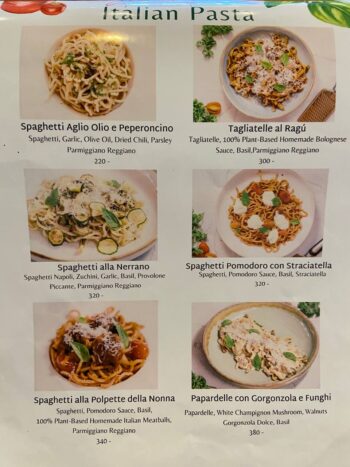 Menu at Indigo Cafe & Eatery on Koh Phangan – breakfast, pasta, pastries, and vegan desserts
