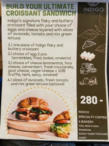 Menu at Indigo Cafe & Eatery on Koh Phangan – breakfast, pasta, pastries, and vegan desserts