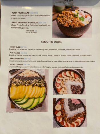 Menu at Indigo Cafe & Eatery on Koh Phangan – breakfast, pasta, pastries, and vegan desserts
