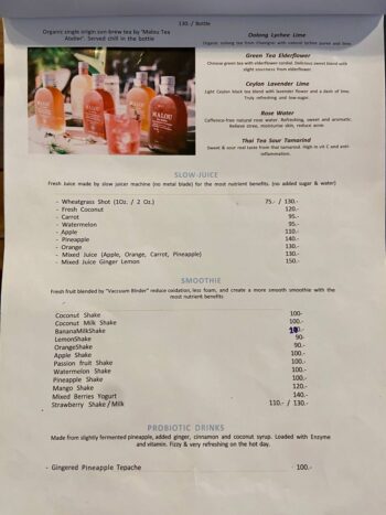 Menu at Indigo Cafe & Eatery on Koh Phangan – breakfast, pasta, pastries, and vegan desserts