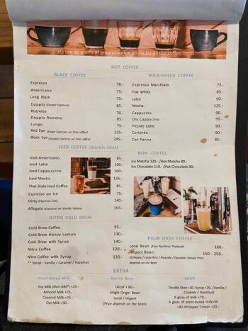 Menu at Indigo Cafe & Eatery on Koh Phangan – breakfast, pasta, pastries, and vegan desserts