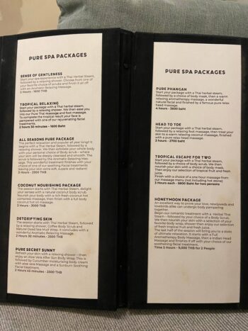 Pure Relax – Relaxing treatments menu with Thai massages and facials on Koh Phangan.