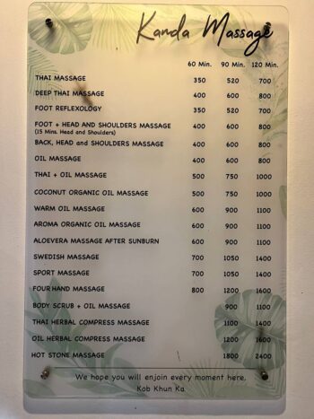 Variety of massage services at Kanda Massage in Koh Phangan, including Thai massage, oil massage, and foot reflexology.