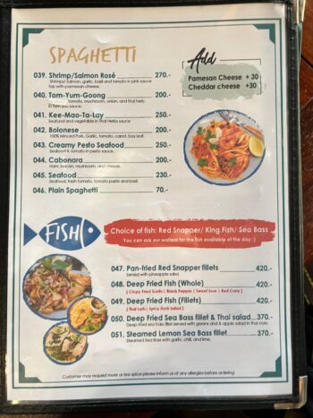 Delicious Thai dishes, pizzas, and spaghetti served at Wang Sai Restaurant in Koh Phangan.