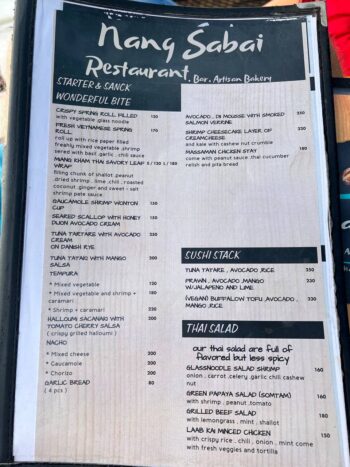 Tasty food and refreshing drinks served at Nangsabai by the Beach on Koh Phangan.