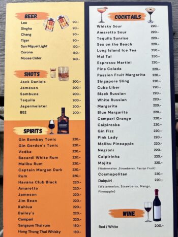 Menu of 2C Bar on Koh Phangan