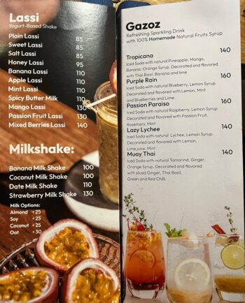 Menu at Indigo Cafe & Eatery on Koh Phangan – breakfast, pasta, pastries, and vegan desserts