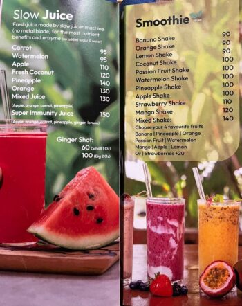Menu at Indigo Cafe & Eatery on Koh Phangan – breakfast, pasta, pastries, and vegan desserts