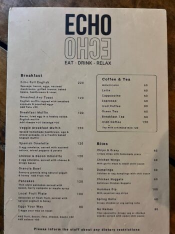 Menu at Echo Beach Club – Grilled dishes, snacks, and cocktails by the sea.