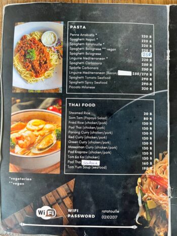 Menu at Ratatouille – Thai and European dishes with fresh ingredients and rich flavors.