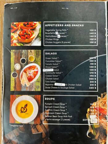 Menu at Ratatouille – Thai and European dishes with fresh ingredients and rich flavors.