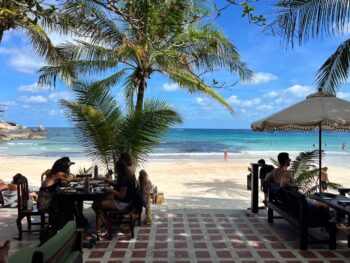 Tranquil beachfront setting at House of Sanskara, offering healthy cuisine and a relaxing atmosphere on Koh Phangan.