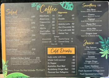 Menu items at Common Grounds cafe on Koh Phangan