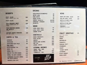 Menu offerings at BASIL Restaurant & Be High Lounge on Koh Phangan