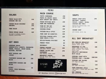 Menu offerings at BASIL Restaurant & Be High Lounge on Koh Phangan
