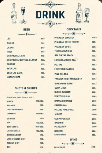 The Wave Sunset food menu with Thai and Western dishes