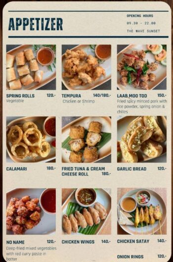 The Wave Sunset food menu with Thai and Western dishes
