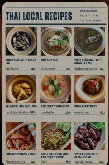 The Wave Sunset food menu with Thai and Western dishes