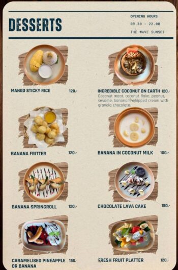The Wave Sunset food menu with Thai and Western dishes