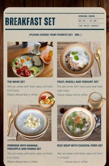 The Wave Sunset food menu with Thai and Western dishes