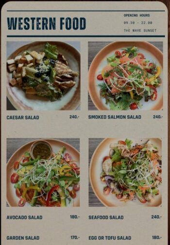 The Wave Sunset food menu with Thai and Western dishes