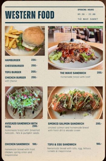 The Wave Sunset food menu with Thai and Western dishes