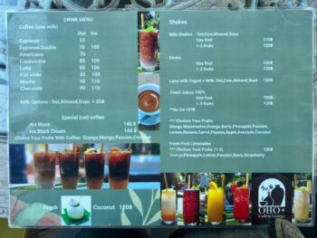 Menu with coffee, snacks, and desserts at OHO+ Cafe Lounge