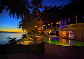 Sunset views and lounge area at Merkaba Beach Club on Koh Phangan